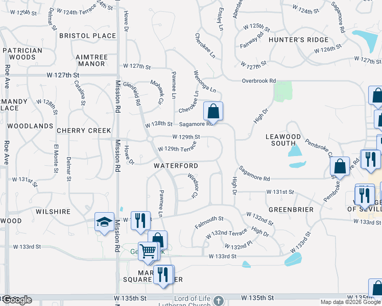 map of restaurants, bars, coffee shops, grocery stores, and more near 3344 West 129th Terrace in Leawood