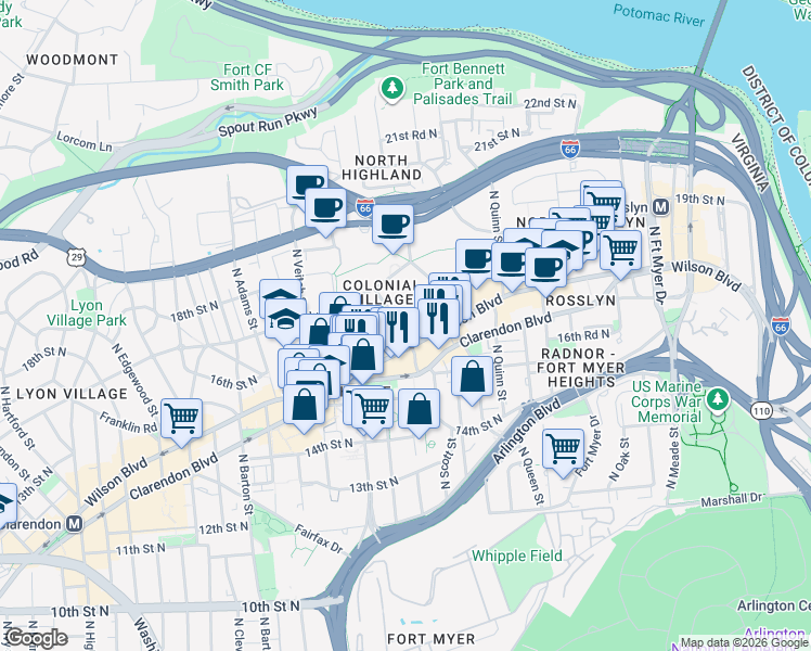 map of restaurants, bars, coffee shops, grocery stores, and more near 101 Independence Avenue Southeast in Washington