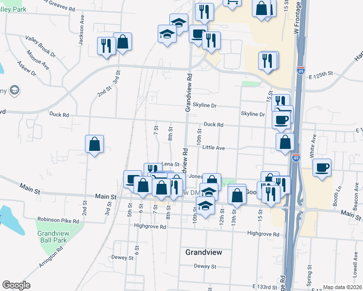 map of restaurants, bars, coffee shops, grocery stores, and more near 12711 Grandview Road in Grandview