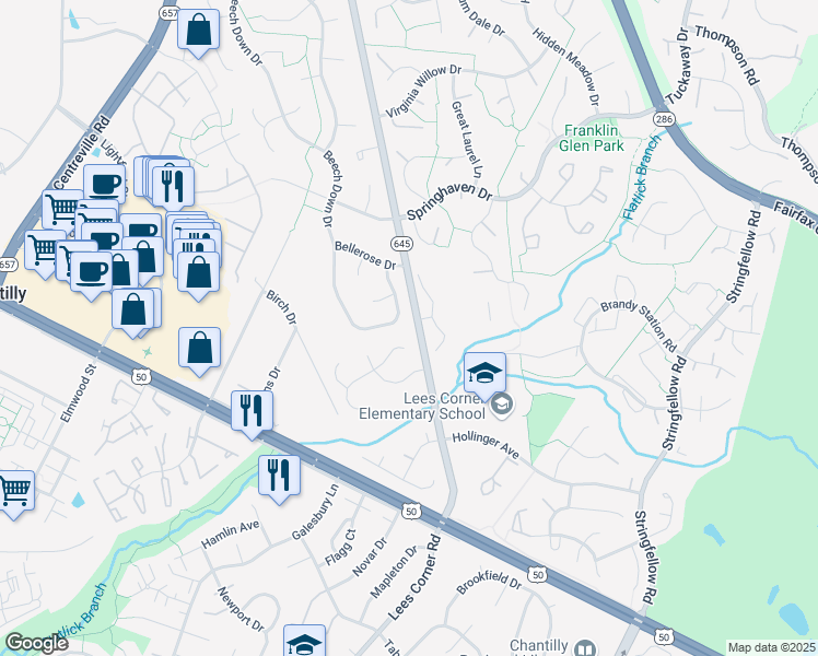 map of restaurants, bars, coffee shops, grocery stores, and more near 3852 Beech Down Drive in Chantilly