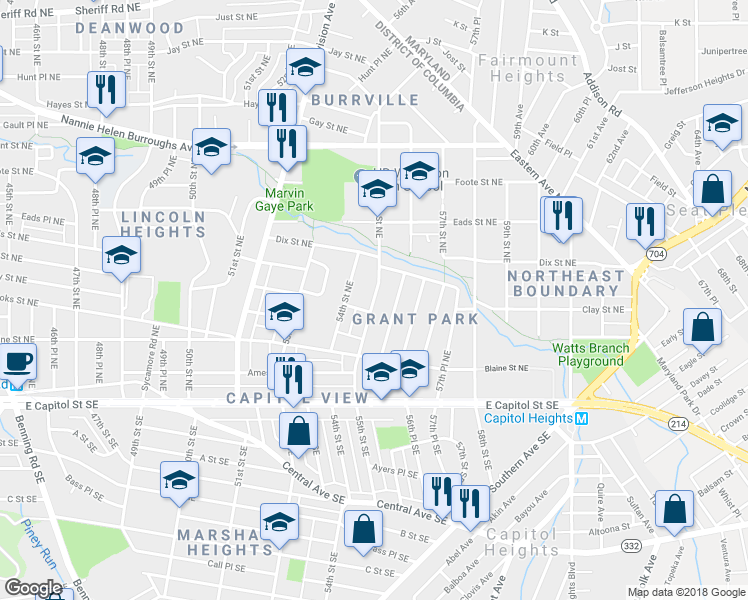 map of restaurants, bars, coffee shops, grocery stores, and more near 310 55th Street Northeast in Washington