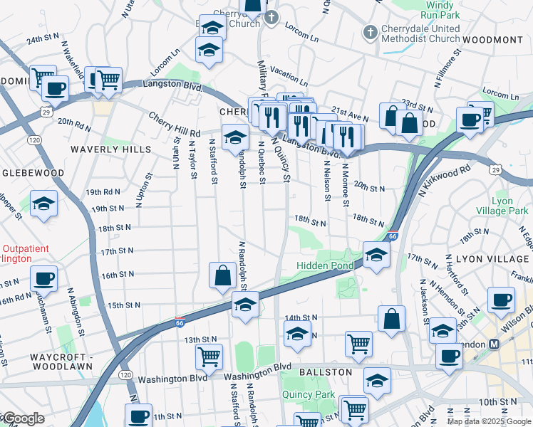 map of restaurants, bars, coffee shops, grocery stores, and more near 4026 18th Road North in Arlington