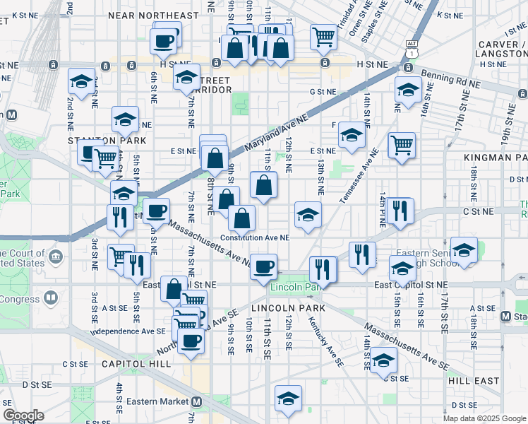 map of restaurants, bars, coffee shops, grocery stores, and more near 242 11th Street Northeast in Washington