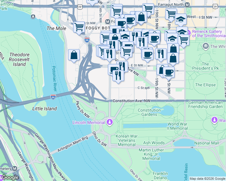 map of restaurants, bars, coffee shops, grocery stores, and more near 2200 C Street Northwest in Washington