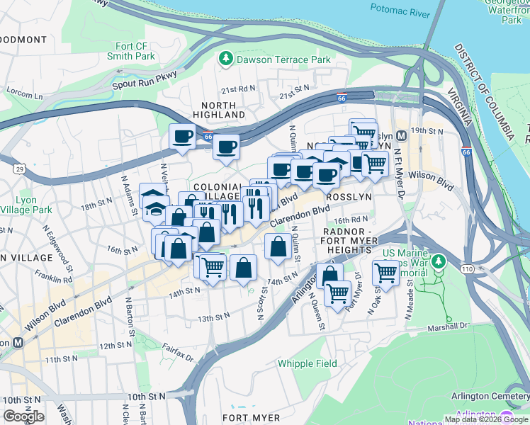 map of restaurants, bars, coffee shops, grocery stores, and more near Wilson Blvd & N Rhodes St in Arlington