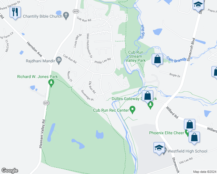 map of restaurants, bars, coffee shops, grocery stores, and more near 15110 Elk Run Road in Chantilly