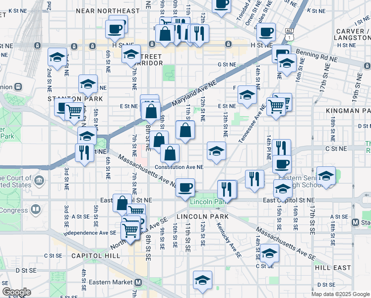 map of restaurants, bars, coffee shops, grocery stores, and more near 242 11th Street Northeast in Washington