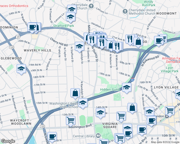 map of restaurants, bars, coffee shops, grocery stores, and more near 4026 18th Road North in Arlington