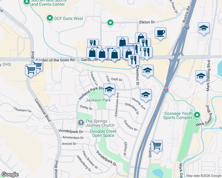 map of restaurants, bars, coffee shops, grocery stores, and more near Holland Park Boulevard in Colorado Springs