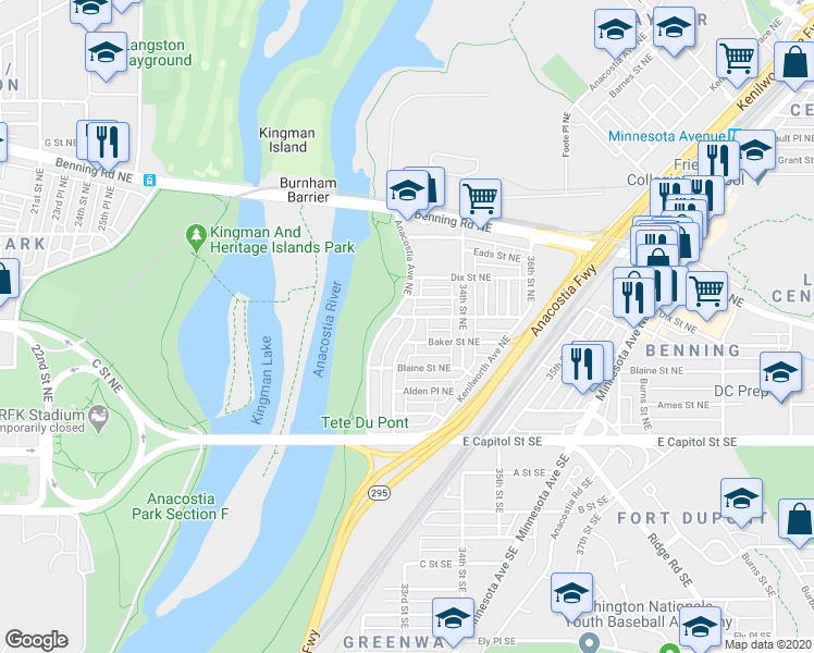 map of restaurants, bars, coffee shops, grocery stores, and more near 256 33rd Street Northeast in Washington