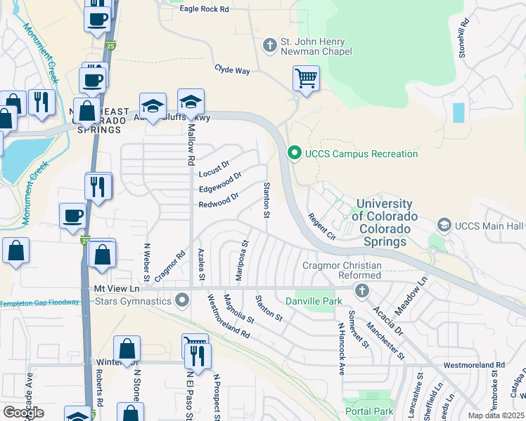 map of restaurants, bars, coffee shops, grocery stores, and more near 4108 Stanton St in Colorado Springs