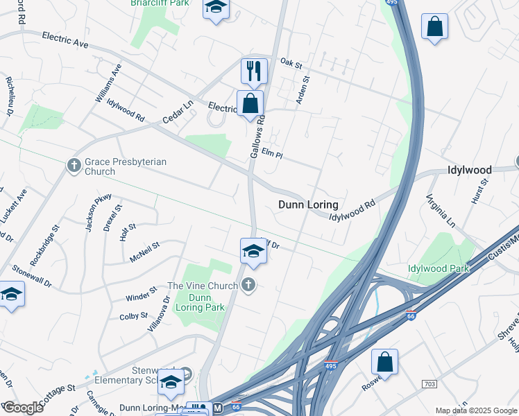 map of restaurants, bars, coffee shops, grocery stores, and more near 8039 North Park Street in Dunn Loring