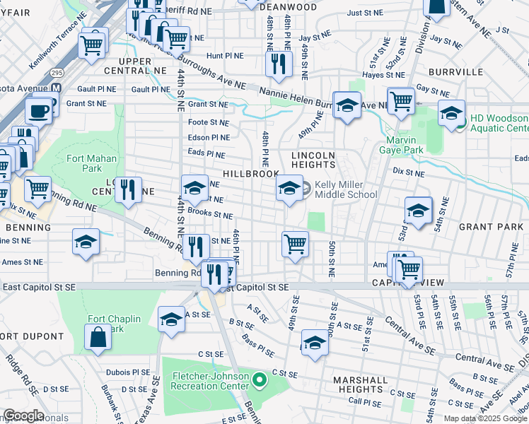 map of restaurants, bars, coffee shops, grocery stores, and more near 4709 Clay Street Northeast in Washington