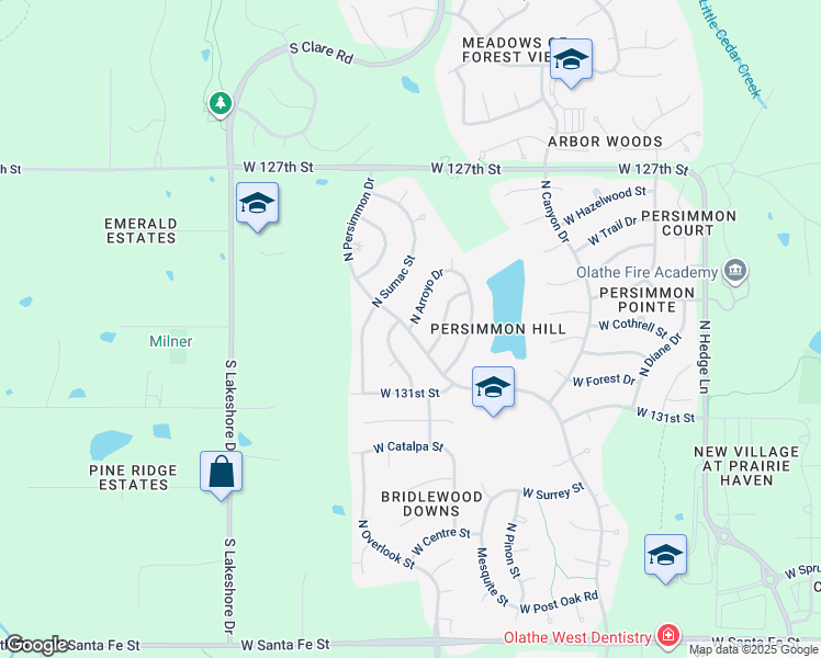 map of restaurants, bars, coffee shops, grocery stores, and more near 714 North Arroyo Drive in Olathe