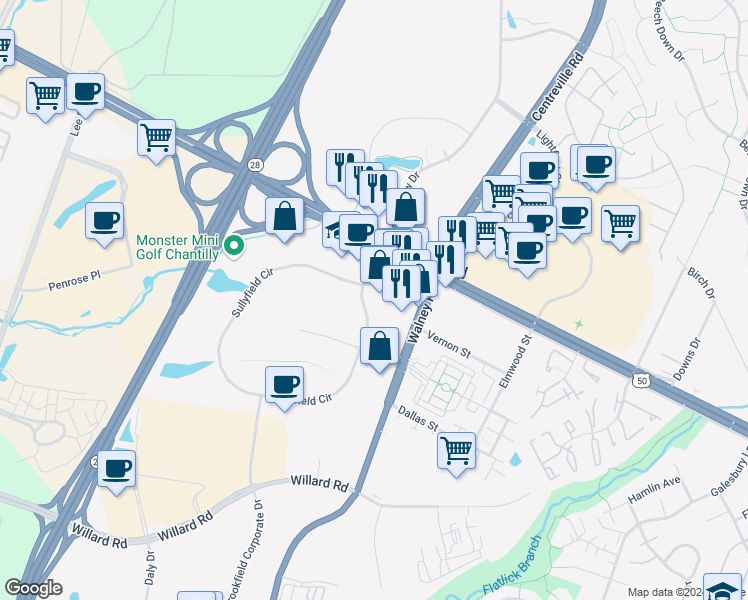 map of restaurants, bars, coffee shops, grocery stores, and more near 14014 Sullyfield Circle in Chantilly