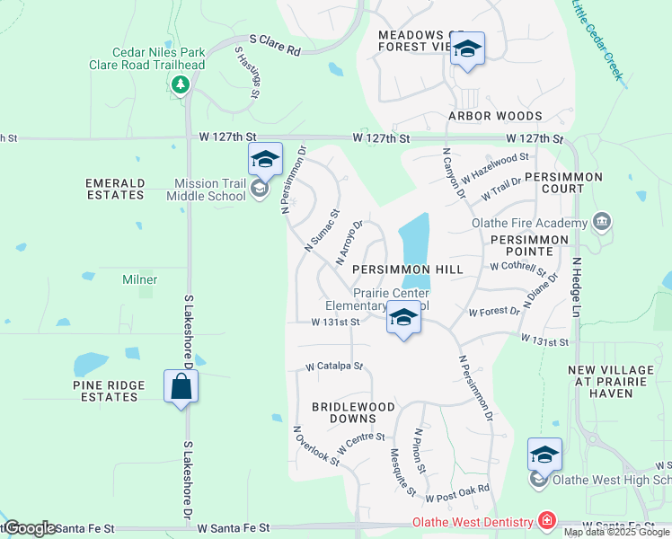 map of restaurants, bars, coffee shops, grocery stores, and more near 714 North Arroyo Drive in Olathe