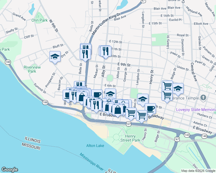 map of restaurants, bars, coffee shops, grocery stores, and more near 122 East 6th Street in Alton