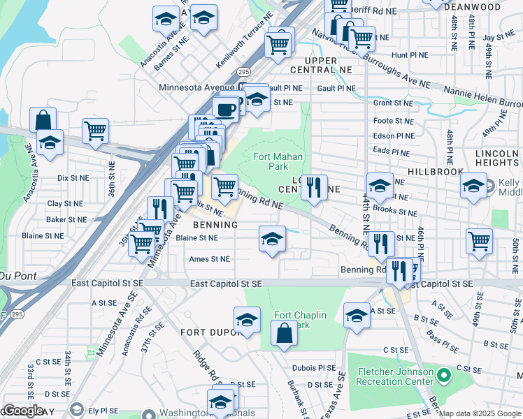 map of restaurants, bars, coffee shops, grocery stores, and more near 4043 Benning Road Northeast in Washington