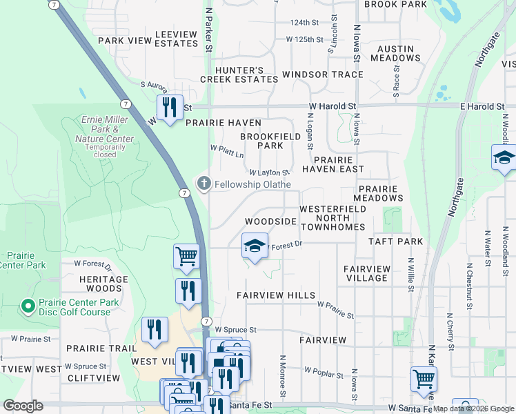 map of restaurants, bars, coffee shops, grocery stores, and more near 1020 West Fairwood Lane in Olathe