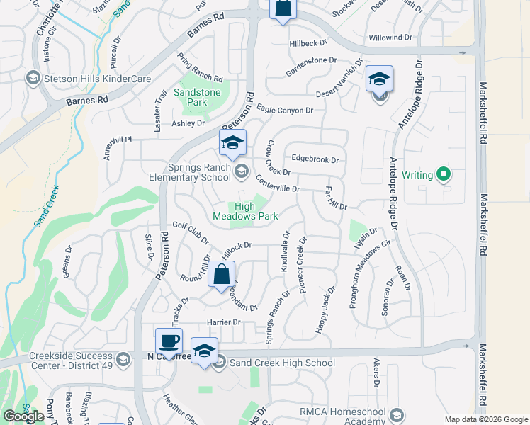 map of restaurants, bars, coffee shops, grocery stores, and more near 4249 Ashby Field Drive in Colorado Springs