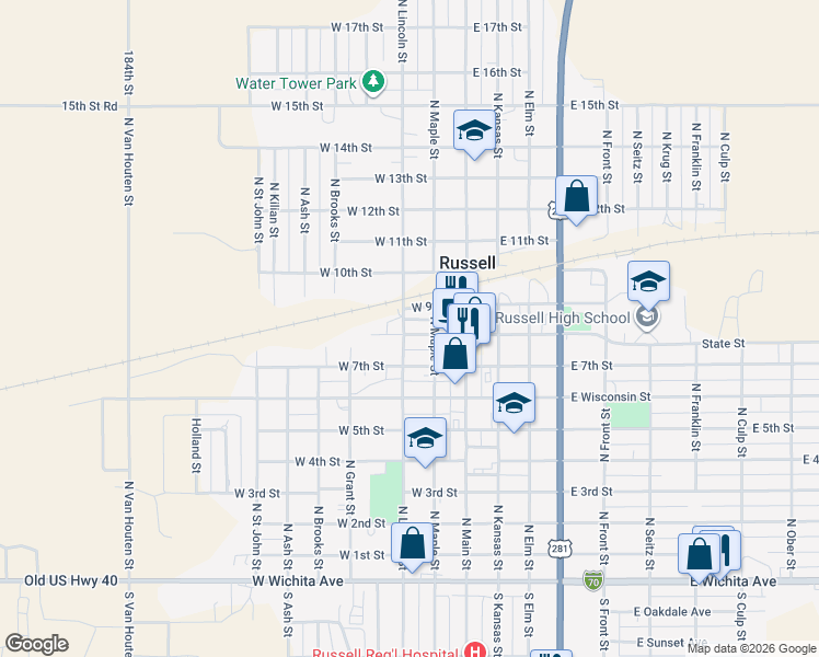 map of restaurants, bars, coffee shops, grocery stores, and more near 237 West 8th Street in Russell