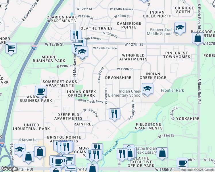 map of restaurants, bars, coffee shops, grocery stores, and more near 13003 South Trenton Street in Olathe