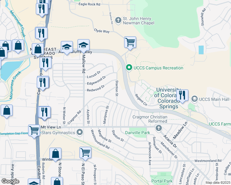 map of restaurants, bars, coffee shops, grocery stores, and more near 4108 Stanton Street in Colorado Springs