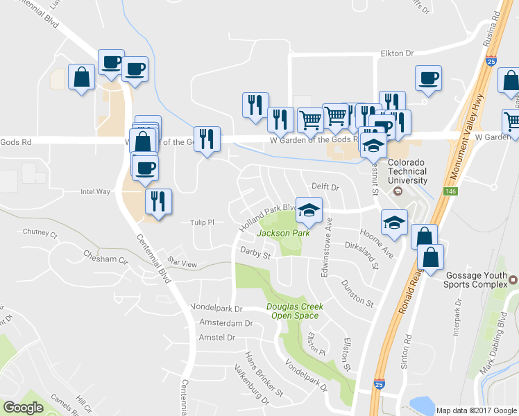map of restaurants, bars, coffee shops, grocery stores, and more near 1116 Holland Park Boulevard in Colorado Springs