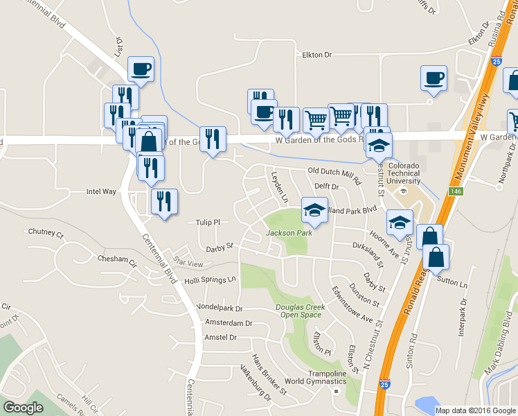 map of restaurants, bars, coffee shops, grocery stores, and more near 4228 Forrest Hill Road in Colorado Springs