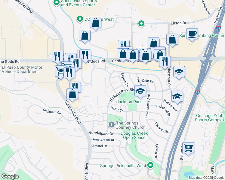 map of restaurants, bars, coffee shops, grocery stores, and more near 4228 Forrest Hill Road in Colorado Springs