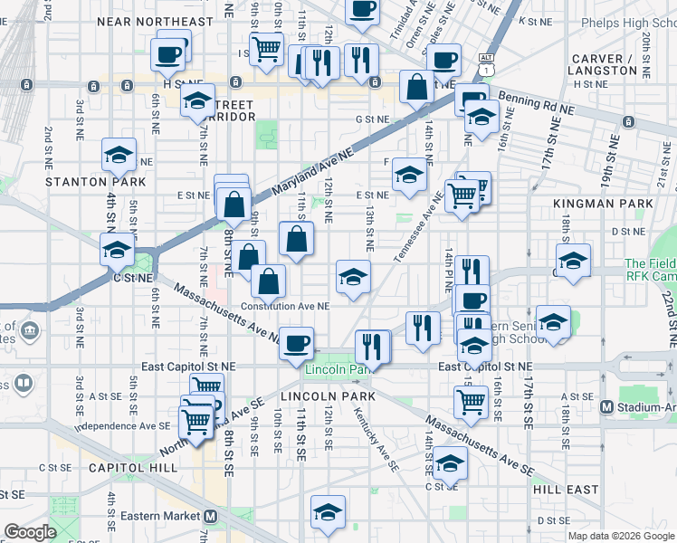 map of restaurants, bars, coffee shops, grocery stores, and more near 101 Independence Avenue Southeast in Washington