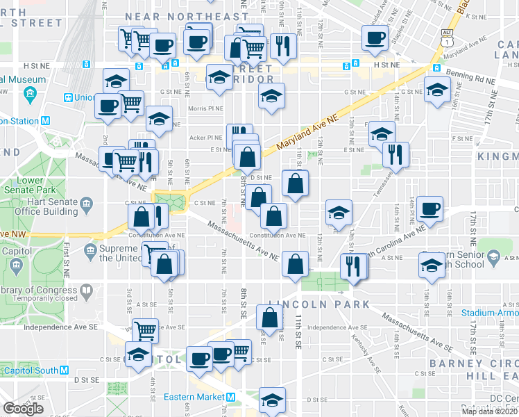 map of restaurants, bars, coffee shops, grocery stores, and more near 101 Independence Avenue Southeast in Washington