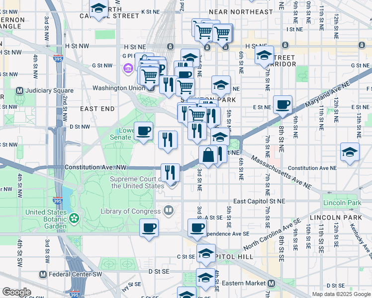 map of restaurants, bars, coffee shops, grocery stores, and more near 101 Independence Avenue Southeast in Washington