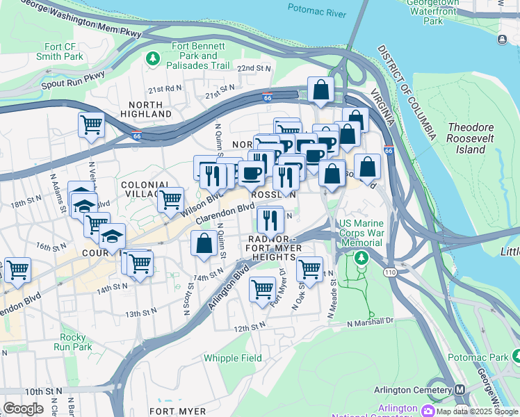 map of restaurants, bars, coffee shops, grocery stores, and more near 101 Independence Avenue Southeast in Washington