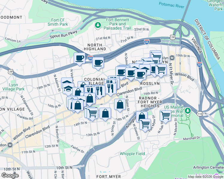 map of restaurants, bars, coffee shops, grocery stores, and more near 101 Independence Avenue Southeast in Washington