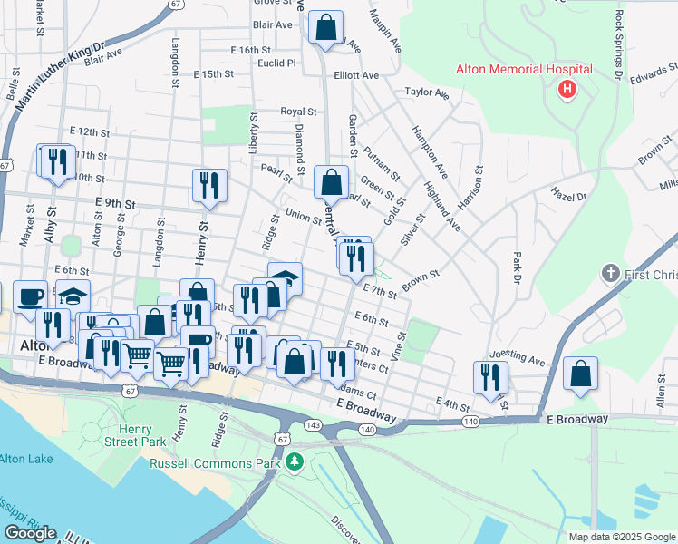 map of restaurants, bars, coffee shops, grocery stores, and more near 715 Central Avenue in Alton