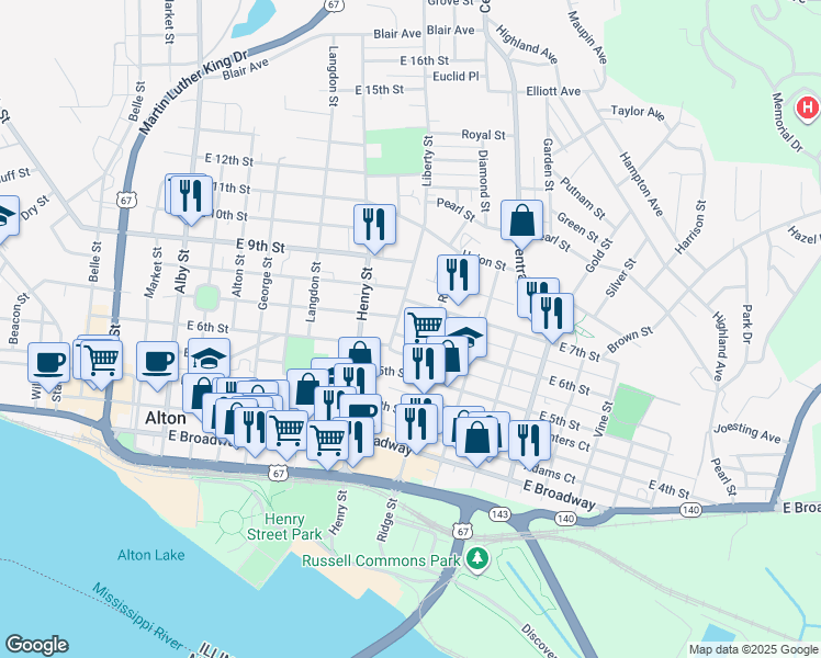 map of restaurants, bars, coffee shops, grocery stores, and more near 728 Humboldt Court in Alton