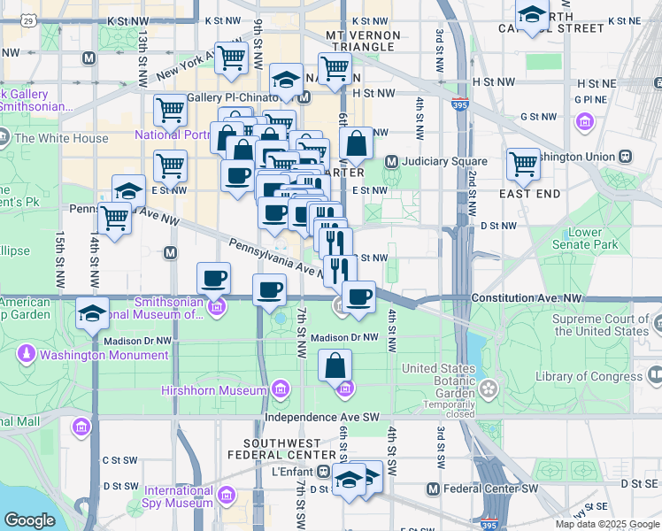 map of restaurants, bars, coffee shops, grocery stores, and more near 101 Independence Avenue Southeast in Washington