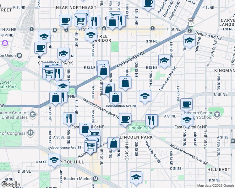 map of restaurants, bars, coffee shops, grocery stores, and more near 244 10th Street Northeast in Washington
