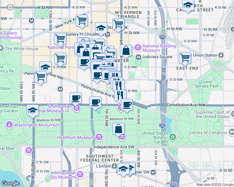 map of restaurants, bars, coffee shops, grocery stores, and more near 601 Pennsylvania Avenue Northwest in Washington
