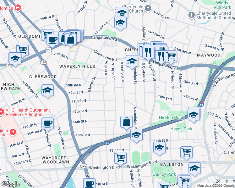 map of restaurants, bars, coffee shops, grocery stores, and more near 1811 North Taylor Street in Arlington