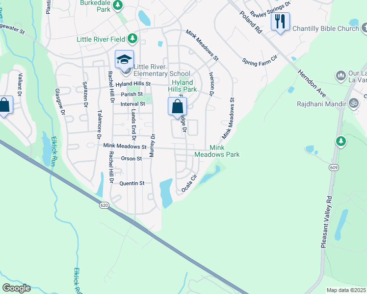 map of restaurants, bars, coffee shops, grocery stores, and more near 43548 Mink Meadows Street in Chantilly