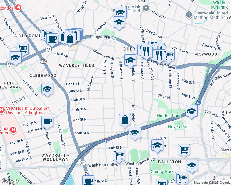 map of restaurants, bars, coffee shops, grocery stores, and more near 1811 North Taylor Street in Arlington