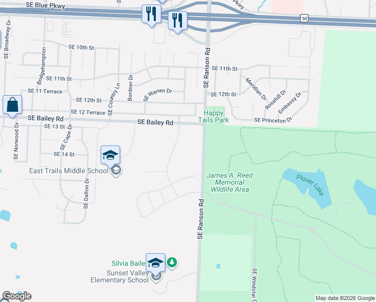map of restaurants, bars, coffee shops, grocery stores, and more near 2733 Ranson Road in Lee's Summit