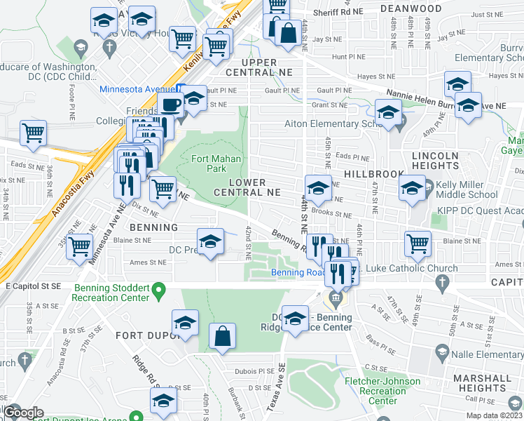 map of restaurants, bars, coffee shops, grocery stores, and more near 4214 Benning Road Northeast in Washington