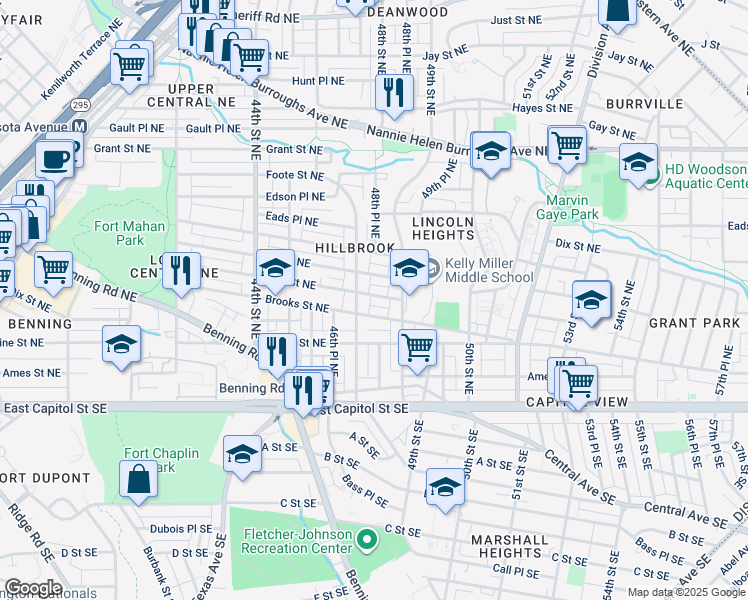 map of restaurants, bars, coffee shops, grocery stores, and more near 4709 Clay Street Northeast in Washington
