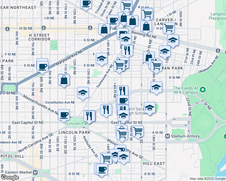 map of restaurants, bars, coffee shops, grocery stores, and more near 248 14th Place Northeast in Washington