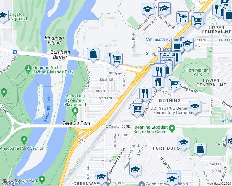 map of restaurants, bars, coffee shops, grocery stores, and more near 3449 Clay Street Northeast in Washington
