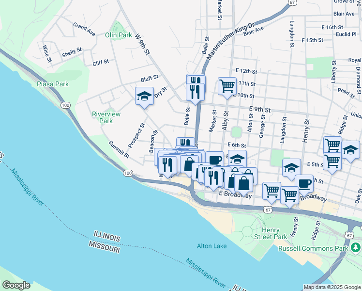 map of restaurants, bars, coffee shops, grocery stores, and more near 510 Belle Street in Alton
