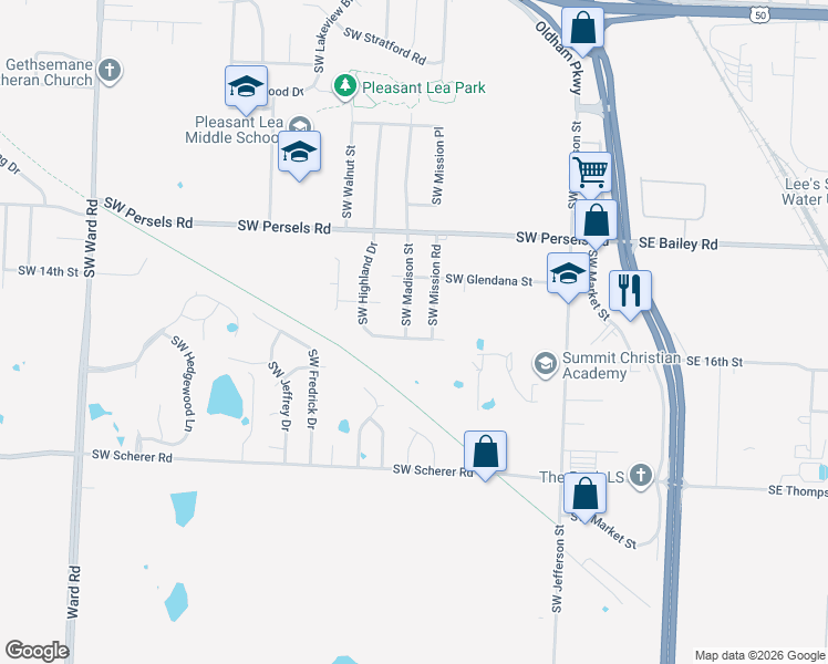 map of restaurants, bars, coffee shops, grocery stores, and more near 1444 Southwest Mission Road in Lee's Summit